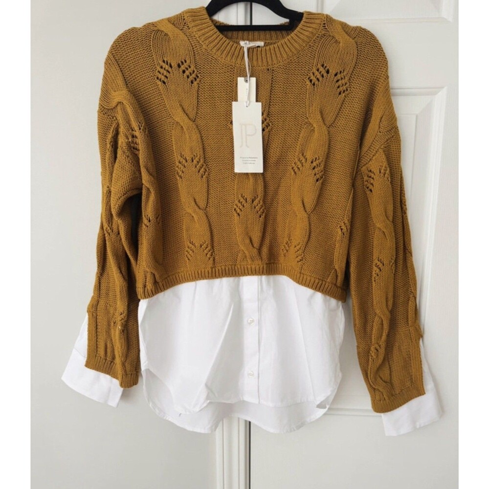 Anthropologie Pilcro Women's Cable Knit Twofer Layer Sweater XS Mustard NWT